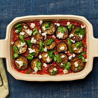 Lentil Musaqaa in warm tinted ceramic pan