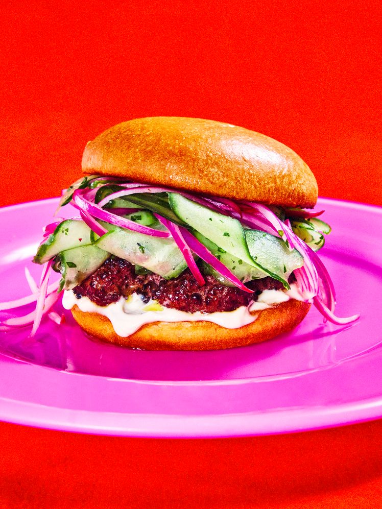 Juicy Bison Burger With Cucumber–Red Onion Slaw