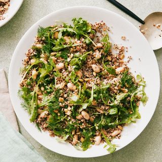 Arugula tricolor quinoa cannellini and pepitas in a salad bowl.
